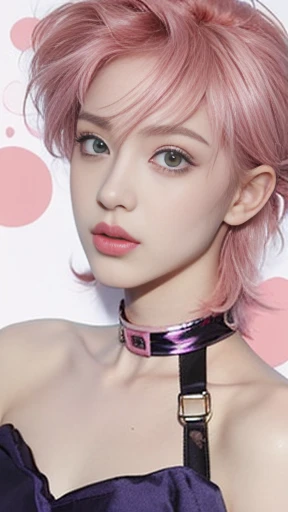 a drawing of a woman with pink hair and a choke, vi from league of legends, cute girl with short pink hair, lowres, delicate androgynous prince, wearing choker, anime vibes, some pink, pink girl, vi from arcane, loish art style, 8 0 s anime vibe, portrait knights of zodiac girl, beautiful androgynous prince