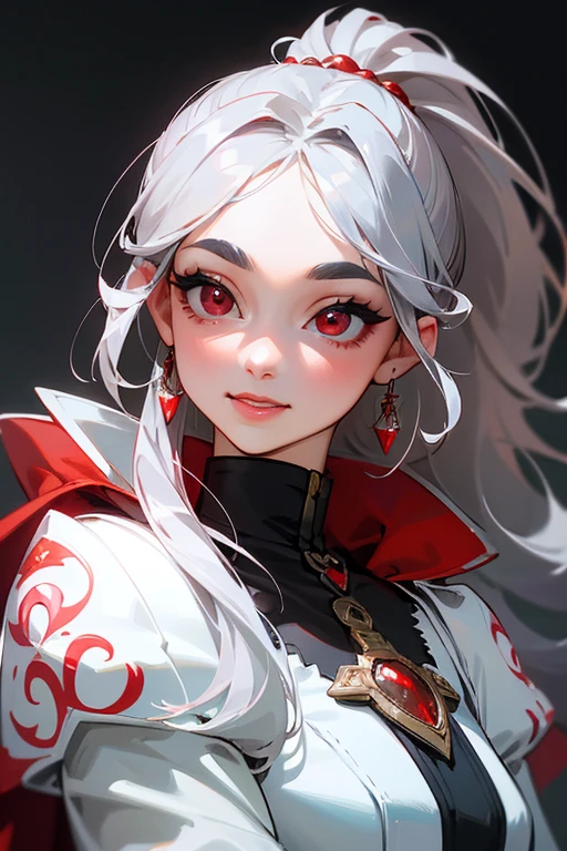 (highest quality, masterpiece:1.2), High resolution, Very detailed, Realistic:1.37, Fantasy, An illustration,Gray Hair、 Red eyes、Queen, White Dress、Platinum decoration、beautifully、Eyeshadow Red、Thick eyebrows、Long eyelashes、pupils are black、shiny on the lips、Top Sites、Queen、Princess、ponytail、A kind smile、Show your teeth a little and smile、Soft impression、people々々々々々々々々Loved by、Slimming the face、Shoulder Bare、sexy、Lengthen the nose bridge。