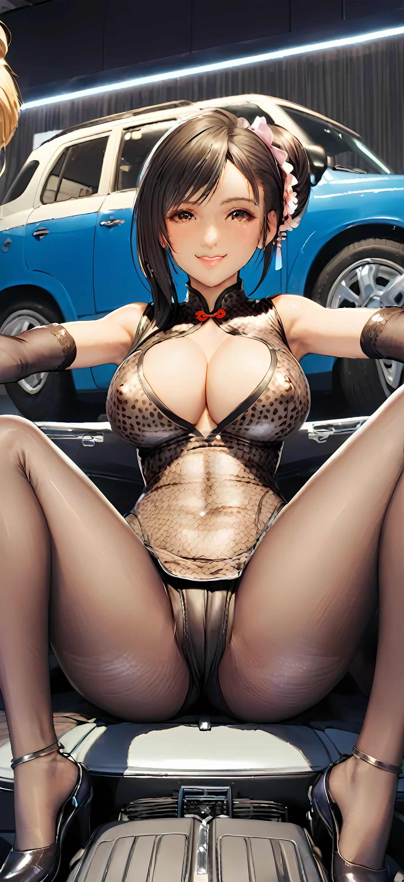 woman, solo, from below, deftifa, Event Staff, (sexy silk cheongsam), skiny leather short pants, Mature Woman, (Dark brown hair), Clean ponytail, A gentle blushing smile, large breasts, cleavage, covered nipples, wearing fishnet pantyhose, Break (sitting near a late-model car), M-shaped spreading legs, putting her hands on the car and sticking her butt out, (Have a brochure), Break (Motor show indoors), audience, Detailed Background
