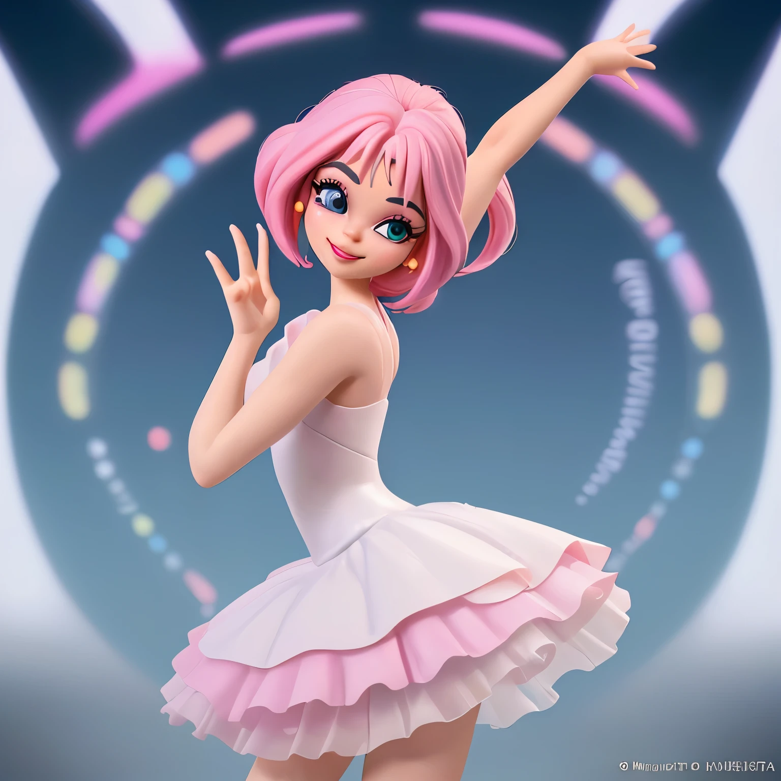 (melhor qualidade, ultra-detalhado, realista:1.4), (pele brilhante), foco corporal, (rosto fofo),  Disney Pixar Modelo 3D, realista, riqueza de detalhes, a bailarina tem  de idade, adolescente com pele castanha clara, cabelos curtos e cacheados escuros, belos olhos detalhados, nariz pequeno, labios finos, leve sorriso, She is wearing a white dress with pink, estilo Pixar, dancing ballet, atmosfera com cores vivas, luzes de palco, happy expression, Detailed hands and fingers, Image for a story in a book in Pixar format"
