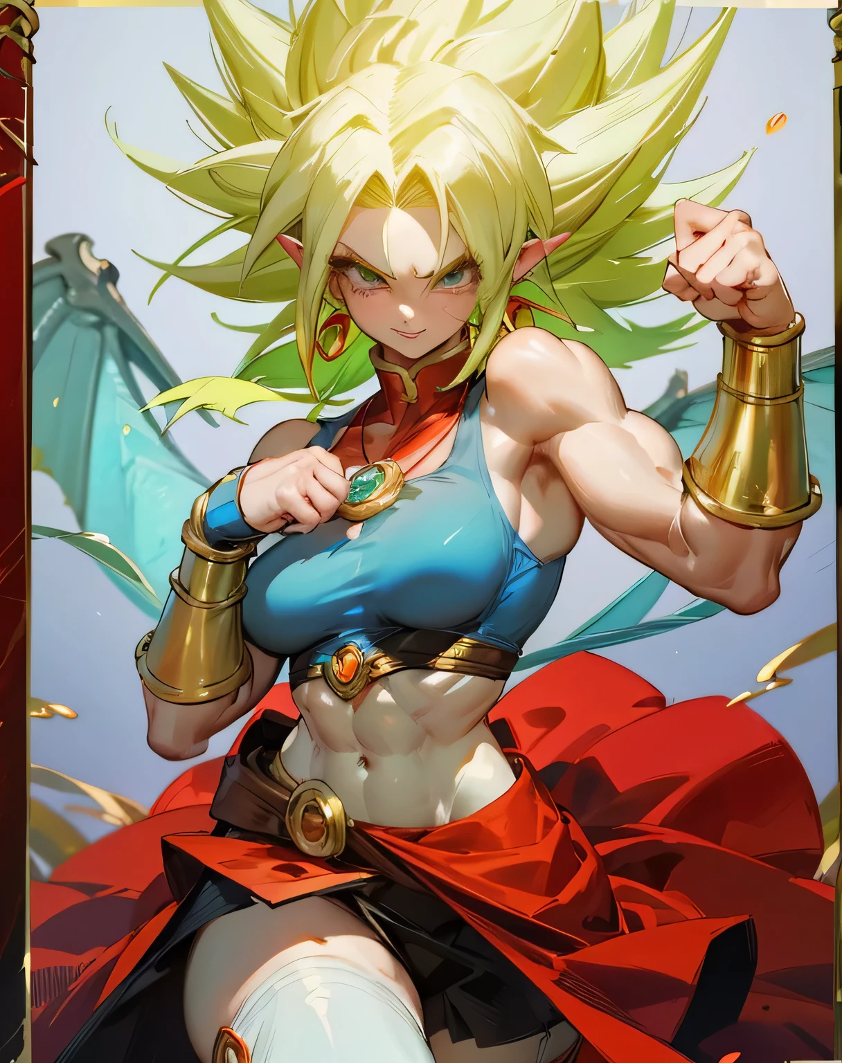 Female Broly version, Mature girl, very tall and slender, tall, strong and muscular woman, with long, bristly and pointed cream-colored hair, Dragon Ball style, large eyes, long eyelashes, white pupils, pointed ears with long, circular gold-colored earrings, with a sharp look and an evil smile, with a triangle necklace with a round gem in the center, she wore a short top of gray fabric, marked abdomen, she wears a large skirt, long, thick and billowing at her waist and it is bright red, decorated and Fastened with a triangular belt with a gem in the center, he wears golden bracelets on his biceps and golden bracelets that go from his forearms to his wrists and have a blue gem in their center, from the front, with his right arm raised upwards , with his elbow bent and his fist clenched in a position of victory and power, his left arm is stretched back with his palm open, with his torso facing slightly to the right, his legs are stretched, walking forward, with his left leg in front and covering his right leg. FULL HD image, 4K, pastel colors, super detailed face, high quality image.