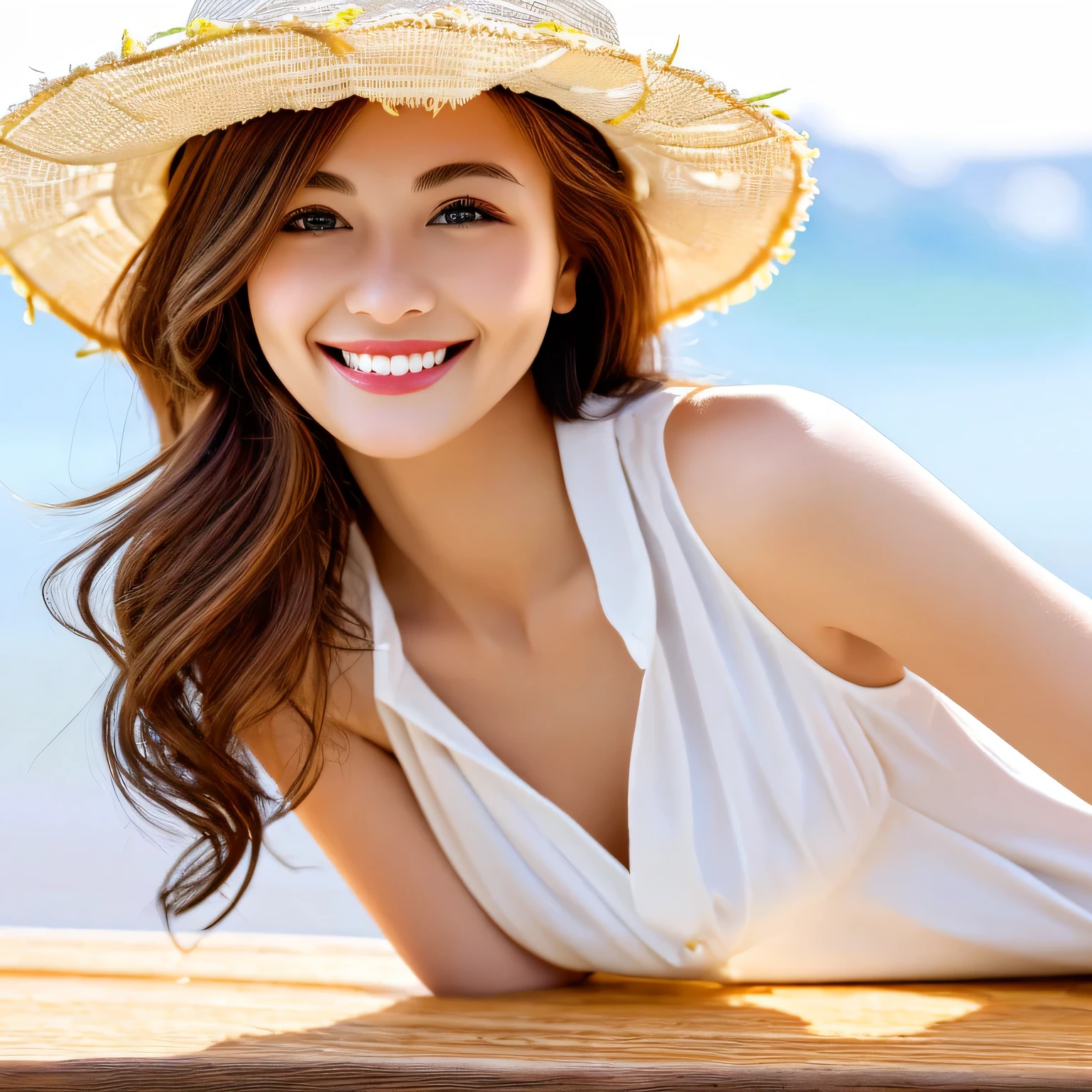 Tabletop, highest quality, figure, Very detailed, In detail, High resolution, 8k wallpaper, Perfect dynamic composition, Beautiful fine details, shirt,Long Hair, Natural color lip, Bold sexy pose,smile、cute、A smile with teeth,White dress,Straw hat