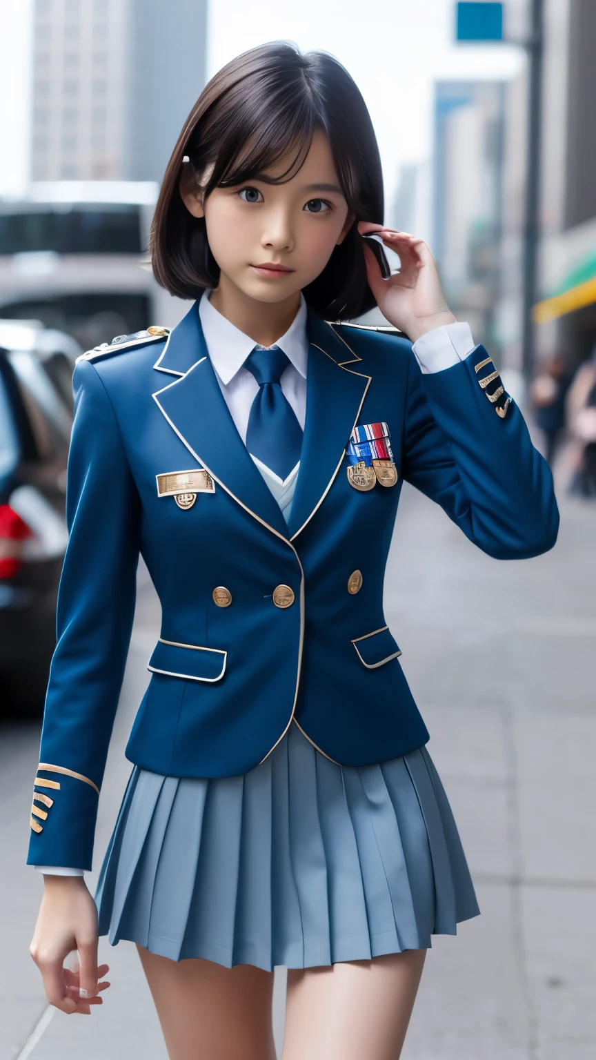 (Highest Resolution, clearly_image), highest quality, masterpiece, Very detailed, Semi-realistic, Woman with dark shoulder-length hair, Dark Eyes, mature, mature woman, Royal Sister, sexy, short hair, Triple Van, Light blue uniform, Light blue jacket, soldier, Light blue pleated skirt, Micro Mini Skirt、uniform, Fighter Frontline, future, SF, universe