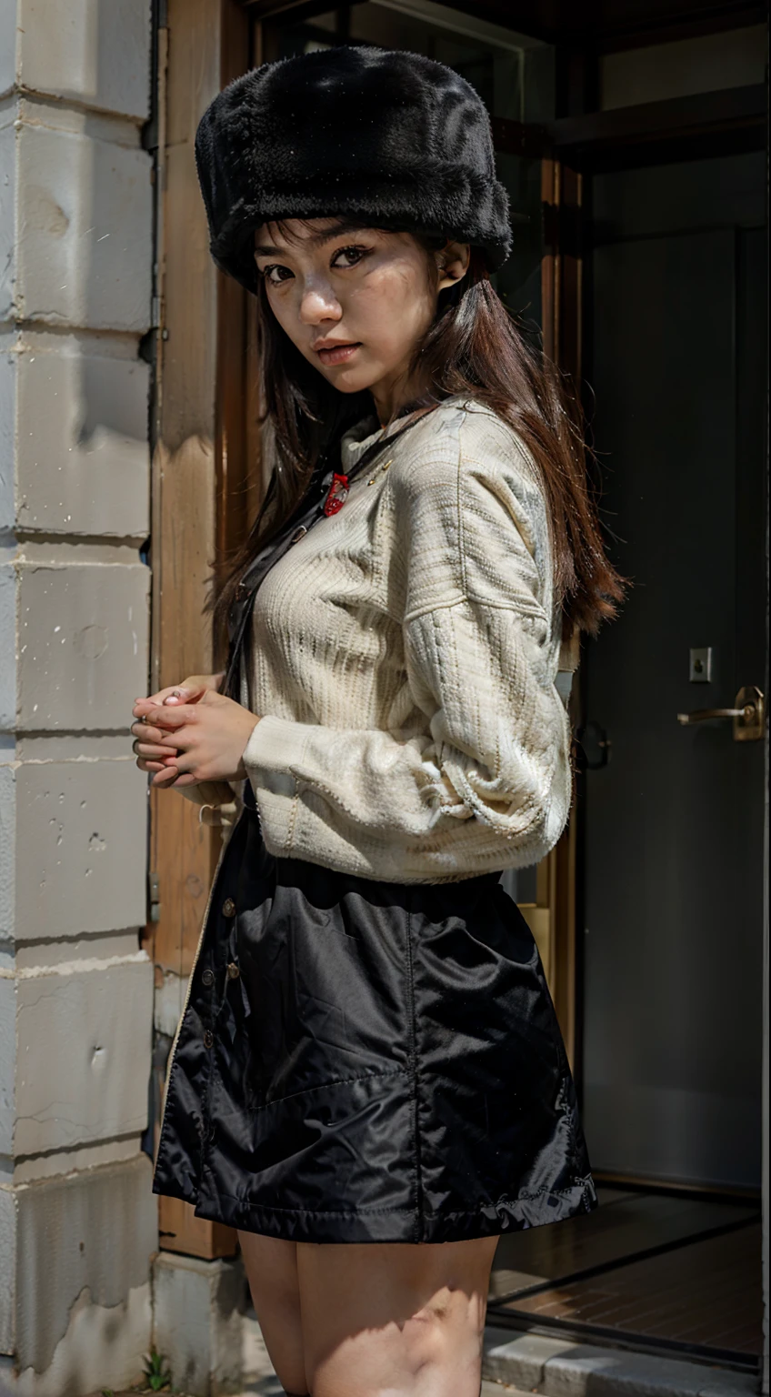 Korean girl in a Soviet Ushanka hat, vestido preto elegante longo, STANDING