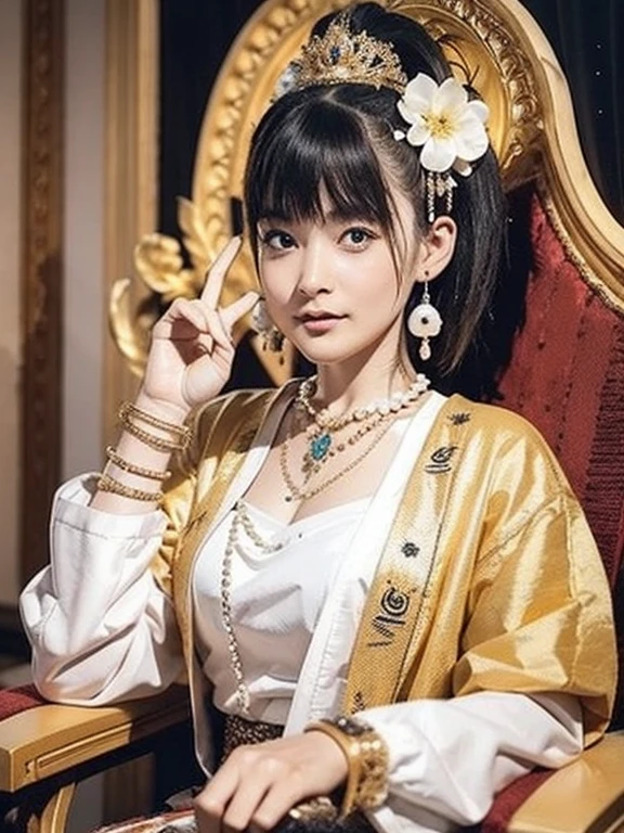 Beautiful queen wearing traditional dress with MMTD Burmese pattern,Wear a pearl necklace and a gold bracelet,Beautiful details throughout the body, Sitting in a kingly position on a long traditional golden throne in a golden palace, Myanmar traditional hairstyle,Optimal Configuration, Panorama cover photo, Centimetric lighting and ultra-realistic details, Octane Rendering, Unreal Engine, Sharp focus,32k ,UHD resolution
