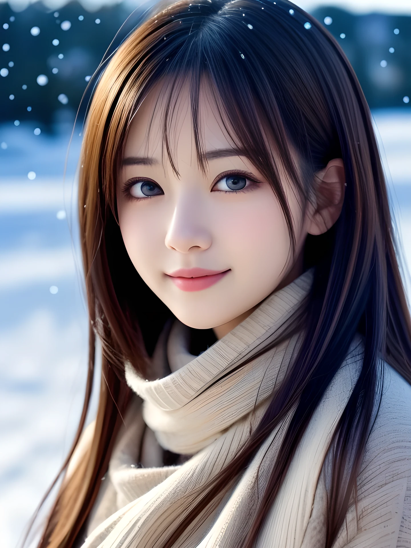 masterpiece, highest quality, High resolution, table top、wallpaper, realistic, bright lighting, professional lighting, face light, smooth lighting, japanese girl, cute, shy, smile, Beautiful girl, gravure, sexy, super beautiful, beautiful skin, beautiful and detailed eyes、detailed face、slim、moderately, Medium hair, brunette colored hair, brown eyes, looking at viewer, A costume suited to the cold winter weather, a scarf, heavy snowing, French countryside