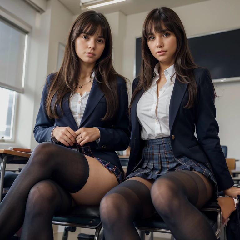 2 girls, classmates, Navy blue blazer, pleated plaid skirt , Christian Louboutin high heels, pantyhose, long hair, bangs, photorealistic, intricate details, jewelry, small, Olivia Rodrigo, firm, ultra-realistic tights, (Ultra-realistic seamless pantyhose 1.2), classroom, sitting in class with legs crossed, looking down at camera, upskirt