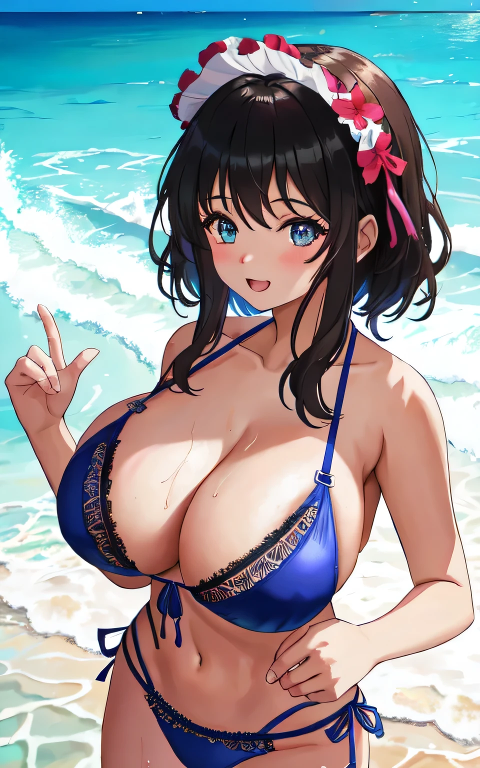 A 6 year old girl with huge breasts, wearing a lacy bikini swimming costume, on the beach, holding a man's penis in her hand, wearing a swim ring