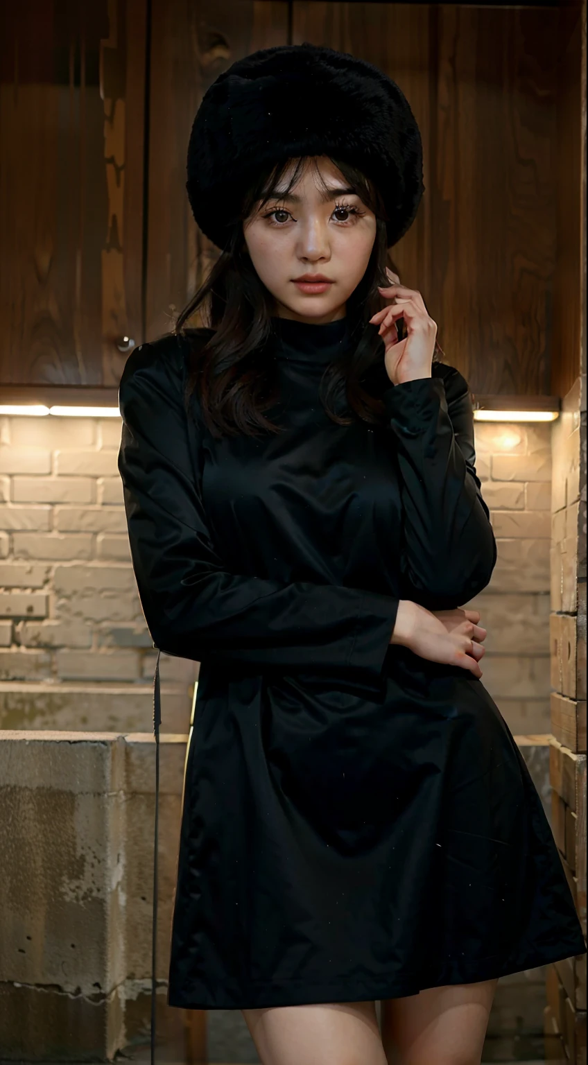 Korean girl with a cute Soviet Ushanka, vestido preto elegante curto, STANDING, mini-vestido