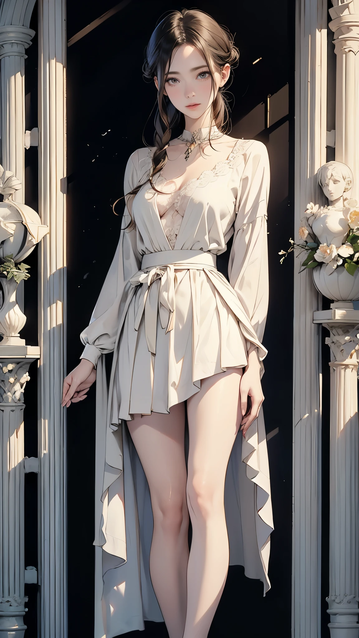((Biologically correct limb count))、(( Full body illustration including face))、4K、((Standing posture))、Masterpiece、((Focus on the face))、((Symmetrical, well-proportioned facial features))、Eyes with delicate depictions、Beautiful woman、Outstanding style、Beautiful clavicle、Beautiful legs、Beautiful Hands、Slender Body、Detailed depiction of faces、(shirt、skirt)、Looking up、High angle、