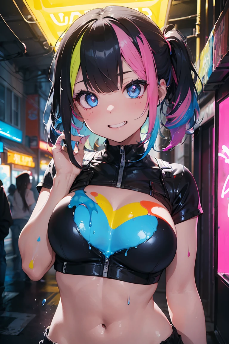 Eyes that shine like jewels, Anime Girls,Punk Fashion,Punk Makeup, ((Grin)), (Big Breasts:1.3),((Upward glance:1.3, Perfect Eyes , The rainbow shines、Eyes with very fine irises:1.3, Gradient Eye:1, Beautiful details:1, Symmetrical eyes:1, Big Eye Highlights:1.3)), blush, (Open your mouth), anger,In a psychedelic room, (White skin: 1.5, Sunburned skin, White skin, very White skin, Bright body), Psyche Tranceのイラスト, Psyche Trance, psychedelic art style, Neon Color Theme, (((masterpiece))), (Complex), 8k, highest quality, (Visual Strength: 1.5),

(((liquid paint hair:1.1))) ,(((Neon colored hair :1.5))), ((I drew、Defying Gravity,Strong current),(Paint splashes:1.3), (Shiny Hair: 1.3), (Bright colors), Embarrassing,Centered,Scale to fit,Three-part method, A body nicely covered in paint on a multicolored background, Colorful Themes, Splash Paint Regeneration, Beautiful light, Colorful light particles,High contrast in clothing, Color Splash, Colored walls,  Complex 詳細,  Exposure Blending, High resolution, (Graffiti art)