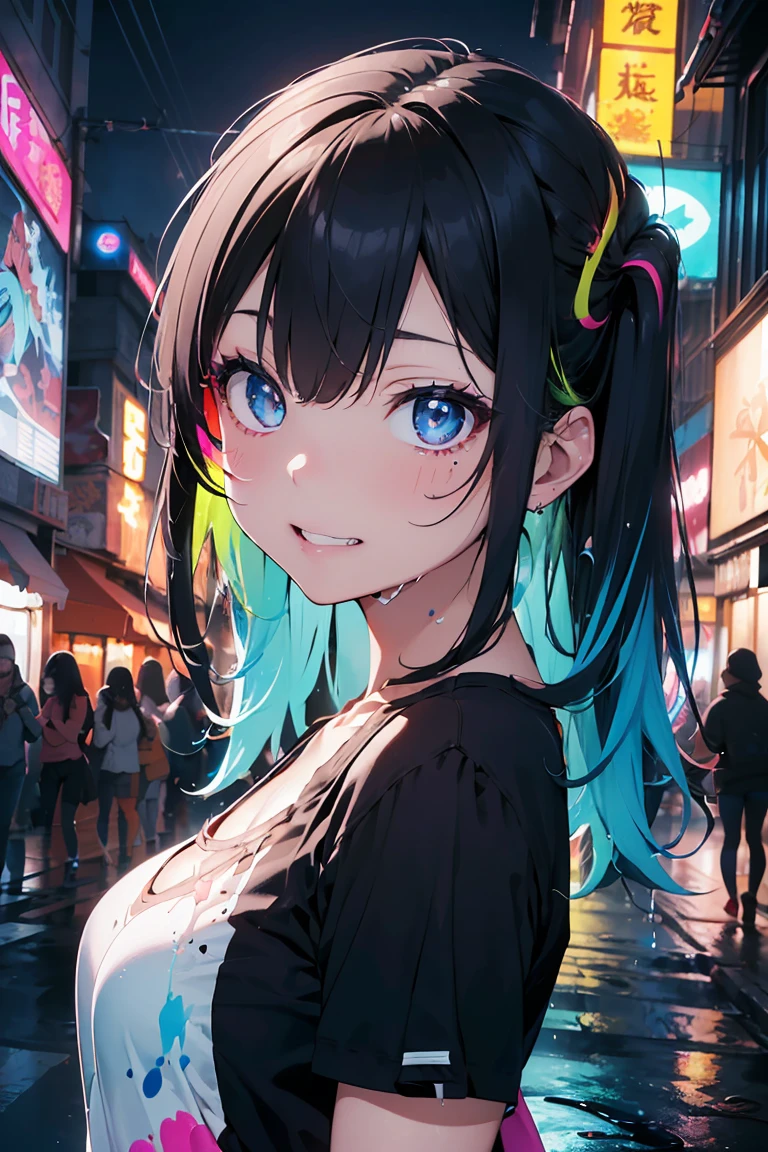 Eyes that shine like jewels, Anime Girls,Punk Fashion,Punk Makeup, ((Grin)), (Big Breasts:1.3),((Upward glance:1.3, Perfect Eyes , The rainbow shines、Eyes with very fine irises:1.3, Gradient Eye:1, Beautiful details:1, Symmetrical eyes:1, Big Eye Highlights:1.3)), blush, (Open your mouth), anger,In a psychedelic room, (White skin: 1.5, Sunburned skin, White skin, very White skin, Bright body), Psyche Tranceのイラスト, Psyche Trance, psychedelic art style, Neon Color Theme, (((masterpiece))), (Complex), 8k, highest quality, (Visual Strength: 1.5),

(((liquid paint hair:1.1))) ,(((Neon colored hair :1.5))), ((I drew、Defying Gravity,Strong current),(Paint splashes:1.3), (Shiny Hair: 1.3), (Bright colors), Embarrassing,Centered,Scale to fit,Three-part method, A body nicely covered in paint on a multicolored background, Colorful Themes, Splash Paint Regeneration, Beautiful light, Colorful light particles,High contrast in clothing, Color Splash, Colored walls,  Complex 詳細,  Exposure Blending, High resolution, (Graffiti art)