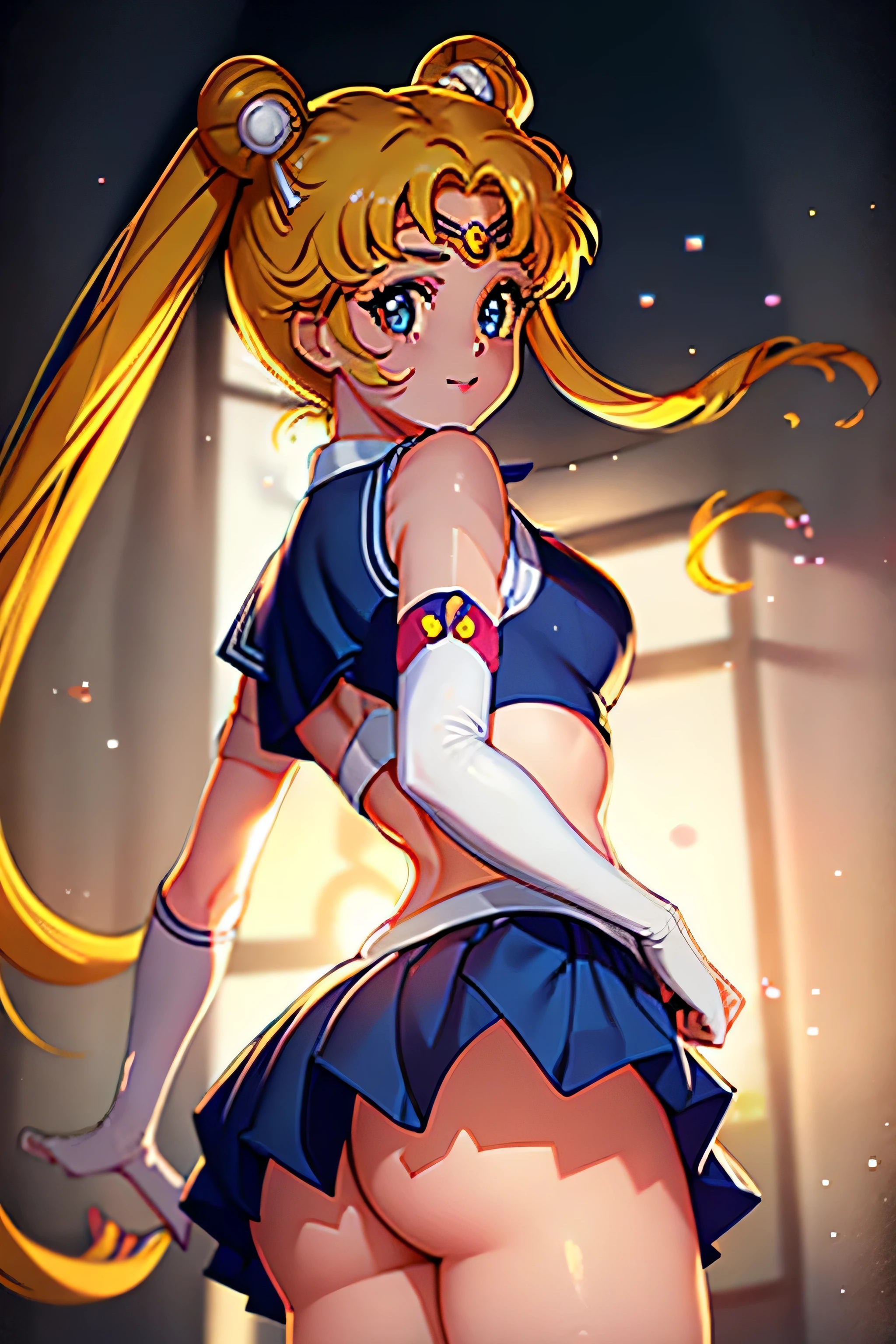 masterpiece, best quality, absurdres, perfect antomy, 1girl, solo, SMMoon, 1990s \(style\), blonde sailor moon, standing, smile, cowboy shot, sailor senshi uniform, sailor collar, blue skirt, elbow gloves, in back pose, show her booty, backwards, no thong, big booty, ultra mini skirt, (detailed:1.3), ultra high res, ultra detailed, Highly detailed face and skin texture, detailed eyes, double eyelids, dynamic light, (HIGHLY DETAILED FACE) in back pose, show her booty, backwards, (both hands on her butt), lifting her little skirt, sailor moon,tsukino usagi,EPsmSailorMoon,EPTakeuchiNaokoStyle,serena tsukino,moon_a