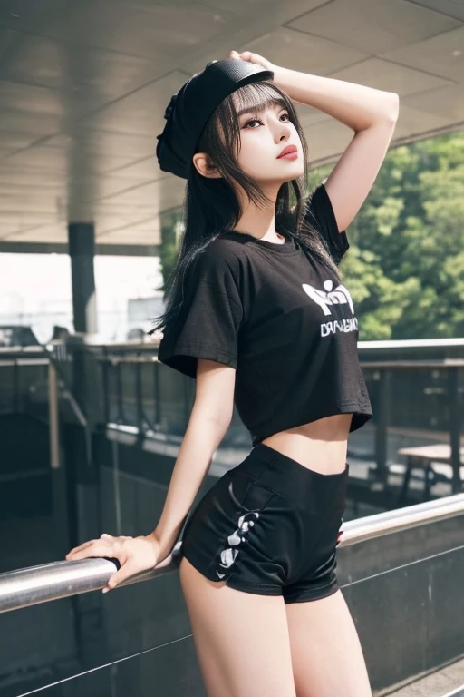 Japanese women、young woman、cute、Beauty、Straight face、Climbing the stairs at the station、Back view、Half Body、Look back here、Looking down here、Long black hair、(Wearing a tight fitting black cap:1.5)、(Tight shorts、Black hot pants:1.6)、I can see your thighs、Beautiful legs、Beautiful feet、(Oversized T-shirt、Long T-shirt:1.8),Emphasizes chest line、Mid-chest、Sideboob,Sexy pose、attractive
