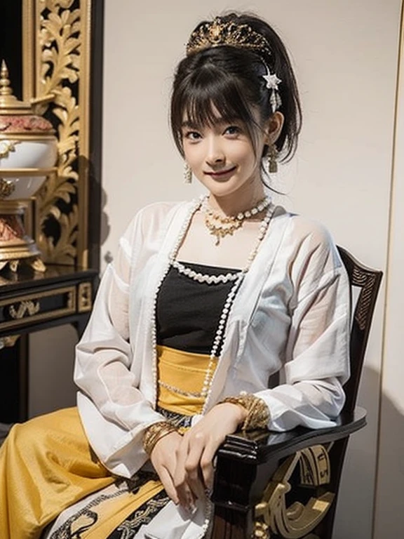 Beautiful queen wearing traditional dress with MMTD Burmese pattern,Wear a pearl necklace and a gold bracelet,Beautiful details throughout the body, Sitting in a kingly position on a long traditional golden throne in a golden palace, Myanmar traditional hairstyle,Optimal Configuration, Panorama cover photo, Centimetric lighting and ultra-realistic details, Octane Rendering, Unreal Engine, Sharp focus,32k ,UHD resolution