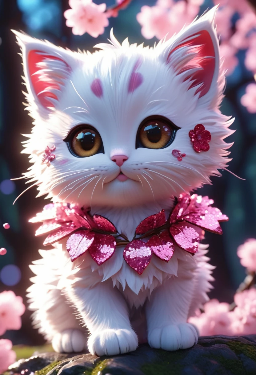 Side view, supersaturation, colorfully, fairy tale, dream-like, cinematic character rendering, oil, 3D, 8K resolution, sequins, Sparkling, cherry blossom forest, moonlight, Closeup portrait of adorable chibi cute anthropomorphic kitten king, fine eyes, large, round reflective eyes, 
