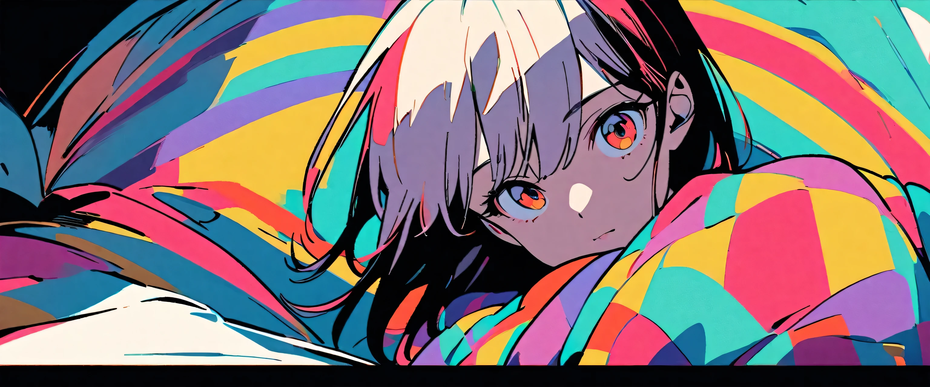 closeup professional photograph of a young woman wrapped in a colorful warm quilt, cel shading, bold outlines, flat colors, sharp shadows, graphic style, (manga influence:1.3), clean linework, striking visuals,comic