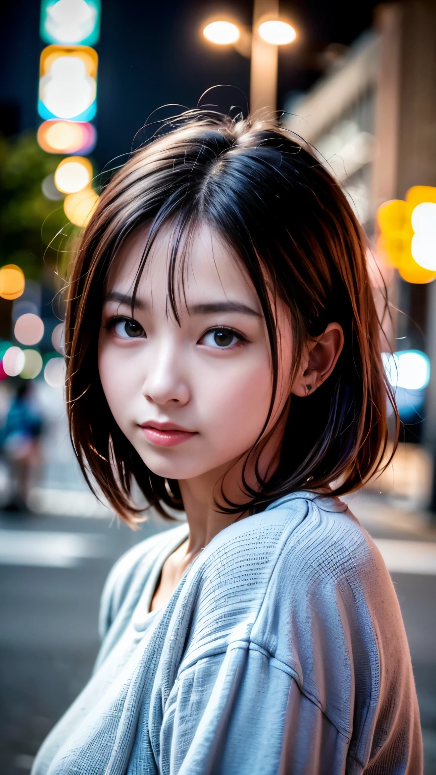 1 girl, Tokyo Street,night, Streetscape,City lights,Upper Body,close,smile,, (8k, RAW Photos, highest quality, masterpiece:1.2),(Realistic, photo-Realistic:1.37),(head shot:1.5)