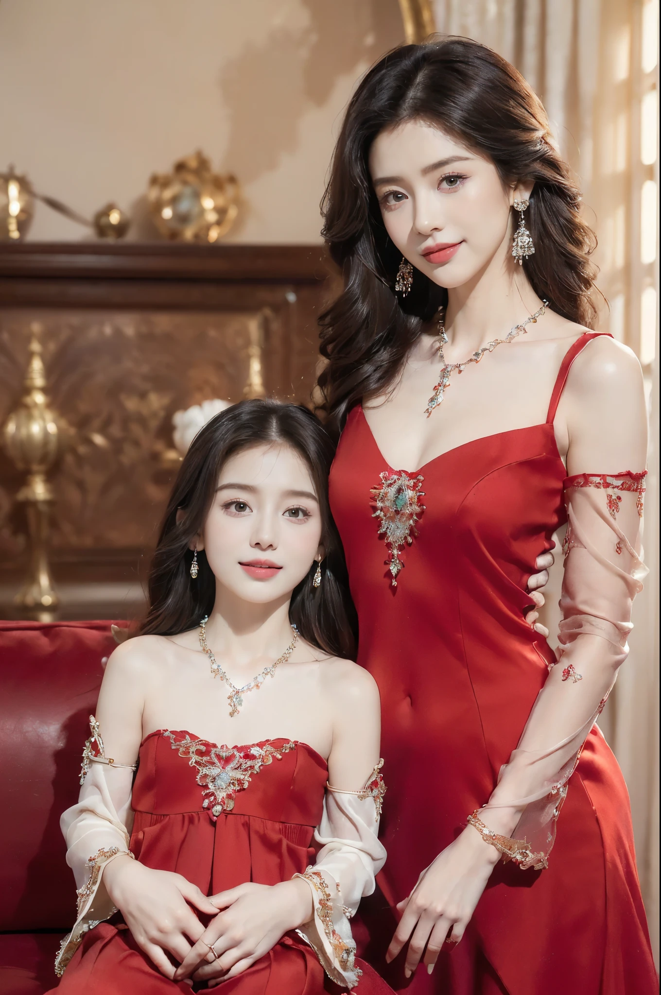 (((8k))),((Extremely meticulous CG)) ,(wallpaper),16k,((Extremely refined and beautiful)),(((Masterpiece))),(((best qualtiy))),(((Ultra High Resolution))),beautiful light up,realistic shaded,(Smooth and flawless fair skin:1.5),(pale skin:1.3),Extremely exquisite facial details,(perfect body:1.1),(ultra-detailed:1.2),(30-year-old mother and 2-year-old daughter:1.5),(woman and little baby:1.5),(small head:1.2),(medium straight bob hair:1.2),(small face:1.2),(baby face:1.3),(Exquisite makeup:1.2),(((slim,thin))),(happy:1.2),(laughing:1.2),(earrings:1.2),(crystal necklace:1.3),(collar:1.3),(red dress:1.5),(sleeves:1.3),(day scene:1.5),(indoor:1.2),(in the living room:1.5),(detailed background:1.5),(standing:1.3),(arms behind back:1.3),(upper body:1.3),(from front:1.3)
