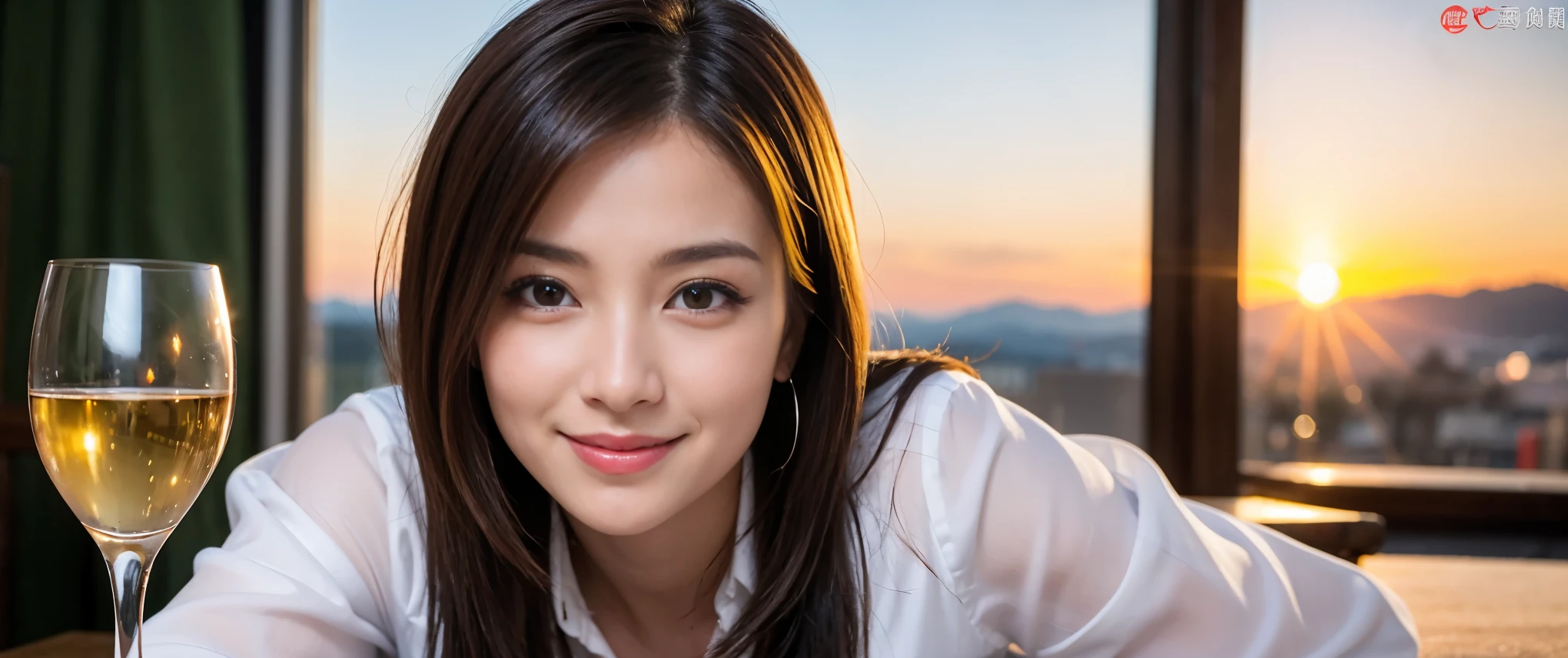 ((highest quality、8k、masterpiece:1.3))、Beautiful woman perfect body:1.4、slimなボディ、((Bob Hale、Straight hair:1.2))、 Ultra-high resolution, Bright image、2. The beauty of wine, Beautiful Face, blue eyes, Beautiful Eyes, The light shines on your face, Blushing your nose, short hair,Amazing view of the sunset sky and clouds、Amazing mountain views、ニコニコ明るいsmile、smileの素敵な女性、Bright Face、Fox face、Lady、Champagne、Wine bottle、wine glass、red wine 、Appetizers、Italian food、Two beauties、Brown Hair、Shortcuts、Long sleeve shirt、Winter Fashion、dress、Wine bottle、sparkling wine、Pretty Woman 1, (slimな顔), (Brown Hair), (Shortcuts), cheeks turn a little red, (42 years old), 39 years old, Attractive beauty、restaurant, Nova Frog Style, actress, model, Upper Body, White wine, slim, wine glass, 真ん中に置かれたwine glass, smile, (smile: 1.15), 綺麗なBeautiful Eyes, Strong light and shadow,Moist Body:1.5、Delicate eyes、Brown Hair、The hair is very shiny、
