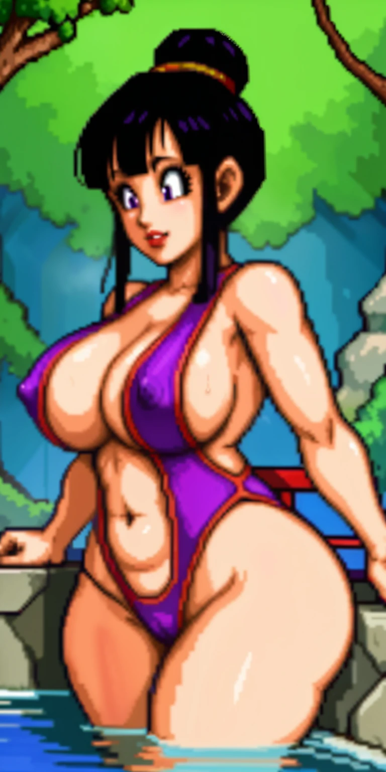 chichi_dbz, not_safe_for_work, nsfw, pixelart, pixel art, red bimbo lips, beautiful eyes, in_steamy_hotspring, sitting_inside_hotspring, purple eyes, standing, solo, large_breasts, cleavage, purple_bathing_suit, black_thong, nipples, 2nipples, wet body, sweaty body, naked, masterpiece, best quality, detailed face, detailed eyes, highres, big breasts, biggest_behind, areola, big_ass, thick_thighs, anus, plump_pussy, wide_hips, black tight_thong, buttcrack_showing_ass, perfect_body, perfect_clothing, perfect_anatomy,