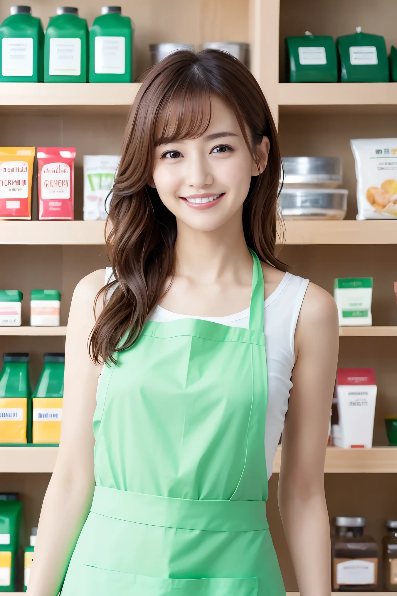 (highest quality、Tabletop、8k、Best image quality、Award-winning works)、a woman working at a convenience store、(The most natural and perfect plain green simple apron:1.3)、(Simple green apron:1.2)、Classy shirt、(Big Breasts:1.1)、(Accentuate your body lines:1.1)、(Standing Elegantly:1.1)、Beautiful woman portrait、The most natural and perfectly organized convenience store、In the background are convenience store shelves、Perfectly organized shelves、Shelves lined with natural products、(very bright and vivid:1.2)、Strongly blurred background、Look at me and smile、(Accurate anatomy:1.1)、Ultra high resolution perfect beautiful teeth、Ultra-high definition beauty face、Ultra HD Hair、Ultra-high definition sparkling eyes、(輝く超高解像度のGlowing Beautiful Skin:1.3)、(Glowing Beautiful Skin:1.2)、Ultra-high quality glossy lips