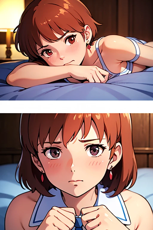 (masterpiece, highest quality, High resolution, 8k, High quality anime illustrations, Realistically), ((Nausicaa lying on a soft bed)), very cute, Baby Face, blush, Embarrassed face, (alone), Bright reddish brown hair, short hair, Red Gem Earrings, Beautiful moist eyes, (Looking at the audience), Beautiful big breasts, Mesh-like underwear, Mesh stockings, High school girl uniform, Ribbon tie, Perfect beauty, Slim body, (Perfect and detailed anatomy, Beautiful and elaborate face&eye:1.5, Shiny skin, Perfect proportions), Luxury hotel suites, I want to see the whole body。