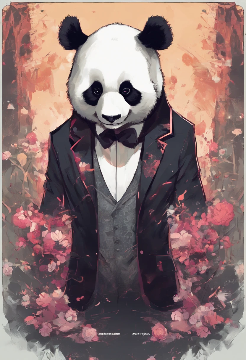 anthropomorphic panda, de cuerpo entero, vestido formalmente con un blazer, sostiene una bandeja, pegatina de panda, sticker de panda.