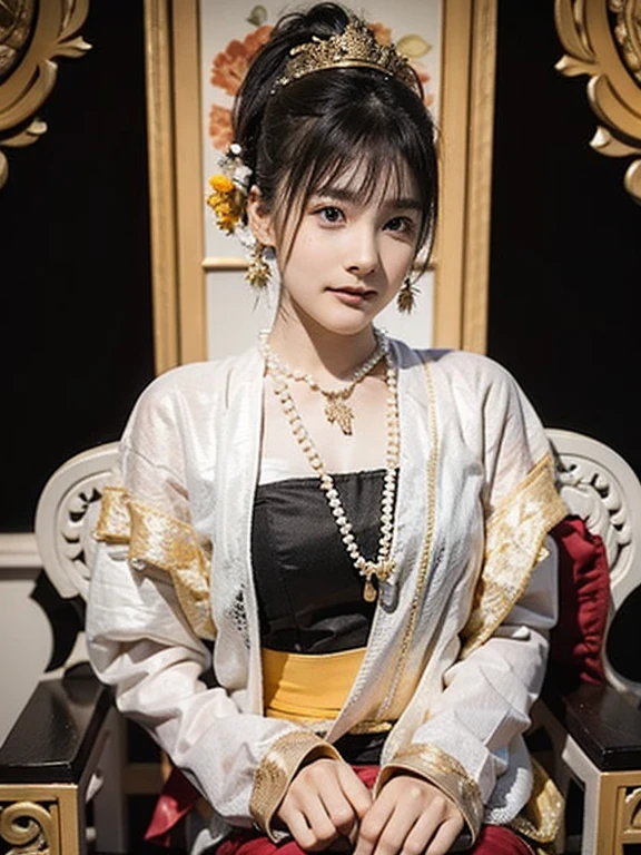 Beautiful queen wearing traditional dress with MMTD Burmese pattern,Wear a pearl necklace and a gold bracelet,Beautiful details throughout the body, Sitting in a kingly position on a long traditional golden throne in a golden palace, Myanmar traditional hairstyle,Optimal Configuration, Panorama cover photo, Centimetric lighting and ultra-realistic details, Octane Rendering, Unreal Engine, Sharp focus,32k ,UHD resolution