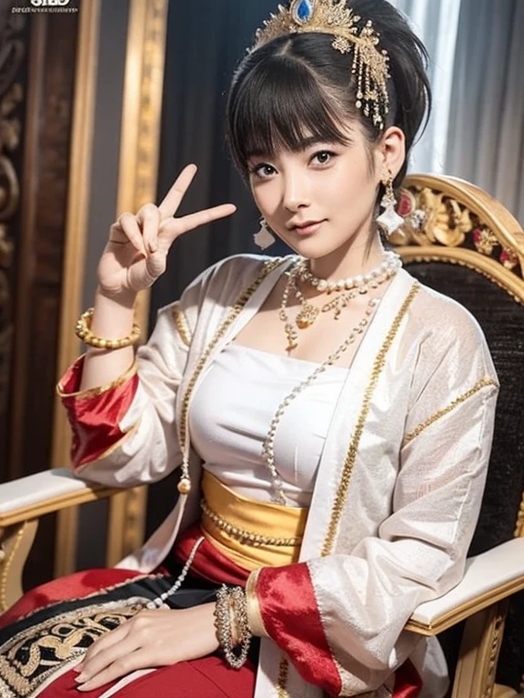 Beautiful queen wearing traditional dress with MMTD Burmese pattern,Wear a pearl necklace and a gold bracelet,Beautiful details throughout the body, Sitting in a kingly position on a long traditional golden throne in a golden palace, Myanmar traditional hairstyle,Optimal Configuration, Panorama cover photo, Centimetric lighting and ultra-realistic details, Octane Rendering, Unreal Engine, Sharp focus,32k ,UHD resolution