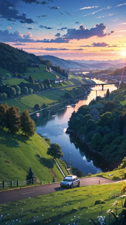 Anime-Szenerie PAUSE (Meisterwerk, best quality:1.2), outside, Natur, Wald, Kiefern, grass, hohes Gras, detailliertes Gras, Pflanzen, 20 Uhr abends, Wolken, Dunkler Himmel, Maple trees, A VW Beetle comes out of a winding village road , Bauernhof Landschaft, Valleys, leuchtende Autoscheinwerfer, Car drives uphill, Einzelwagen, nach Sonnenuntergang