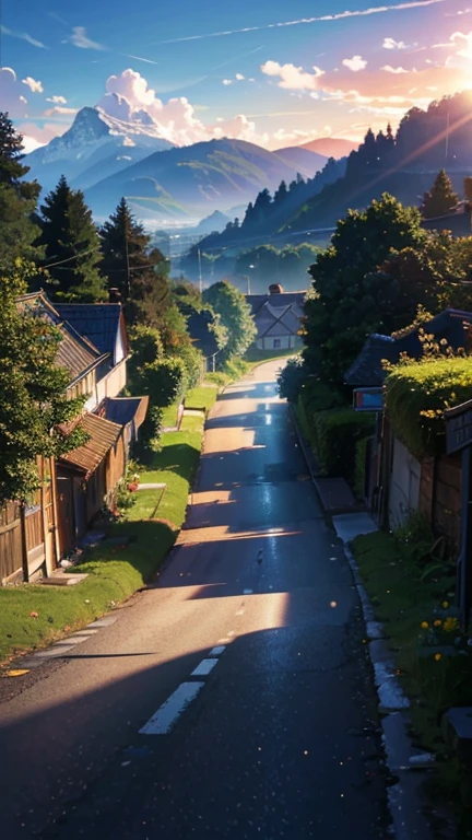 Anime-Szenerie PAUSE (Meisterwerk, best quality:1.2), outside, Natur, Wald, Kiefern, grass, hohes Gras, detailliertes Gras, Pflanzen, 20 Uhr abends, Wolken, Dunkler Himmel, Maple trees, A VW Beetle comes out of a winding village road , Bauernhof Landschaft, Valleys, leuchtende Autoscheinwerfer, Car drives uphill, Einzelwagen, nach Sonnenuntergang
