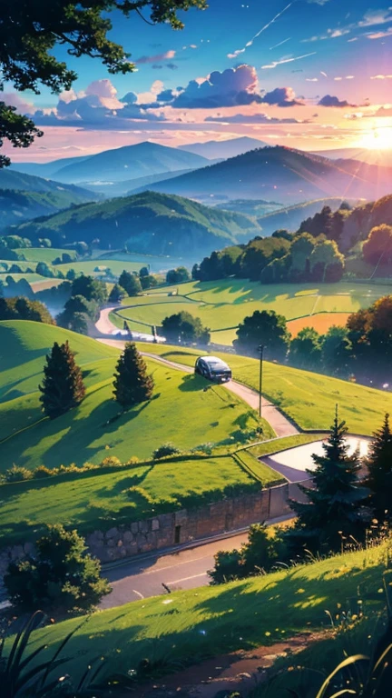 Anime-Szenerie PAUSE (Meisterwerk, best quality:1.2), outside, Natur, Wald, Kiefern, grass, hohes Gras, detailliertes Gras, Pflanzen, 20 Uhr abends, Wolken, Dunkler Himmel, Maple trees, A VW Beetle comes out of a winding village road , Bauernhof Landschaft, Valleys, leuchtende Autoscheinwerfer, Car drives uphill, Einzelwagen, nach Sonnenuntergang