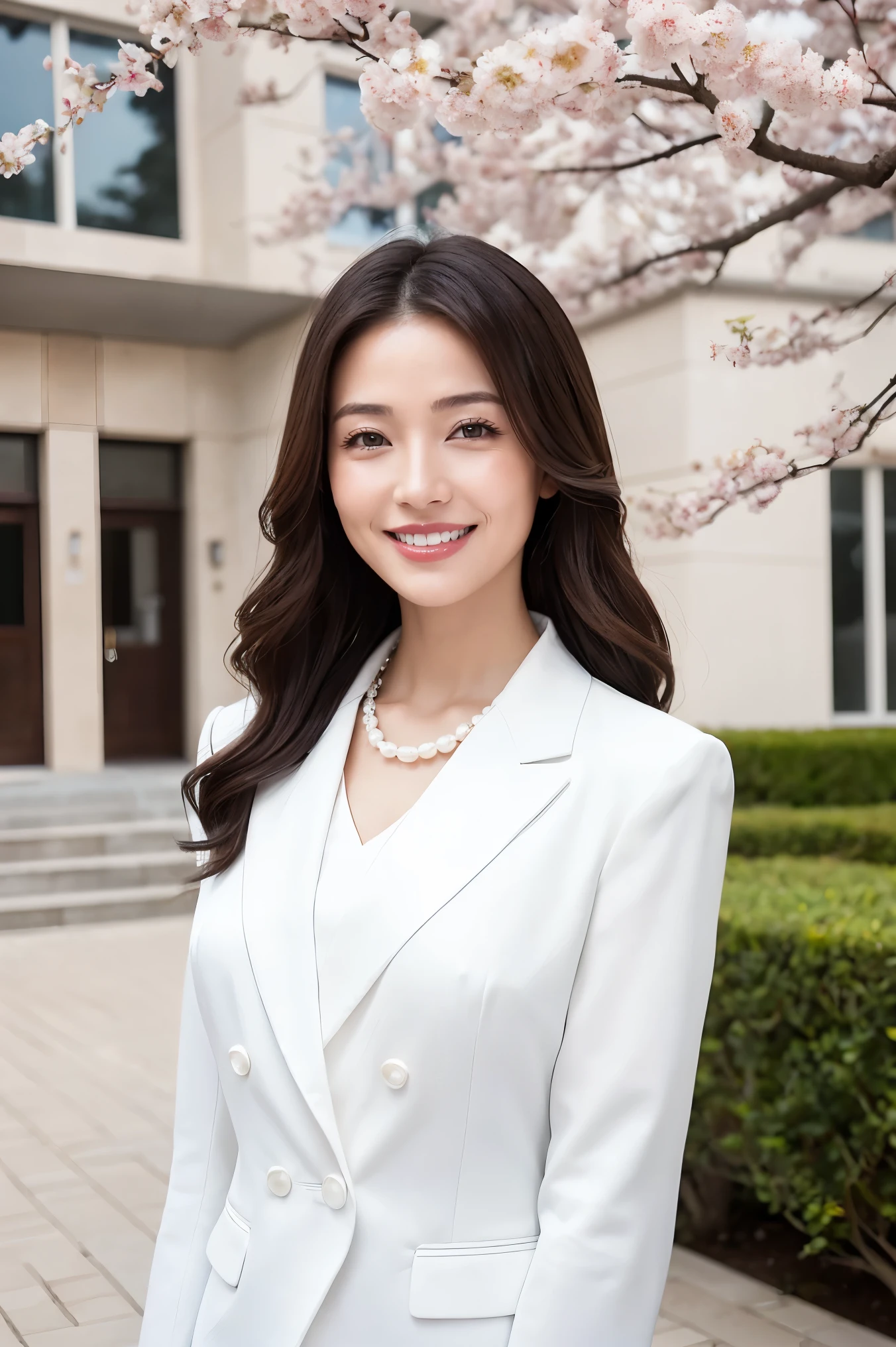 (masterpiece、highest quality、Best image quality、8k、Award-winning works)、(1 40 year old mature woman:1.2)、(Facial wrinkles:1.2)、(graduation costume:1.1)、(Commemorative photo taken with the school in the background:1.1)、(Very bright and beautiful skin:1.3)、(very bright and vivid:1.2)、(Look at me with your best smile:1.1)、(The most natural and perfect white formal suit:1.2)、(A perfect and precise pearl necklace:1.2)、(Super bright and radiant skin:1.2)、(A perfect white suit that shines so brightly:1.1)、(とても明るくてピカピカのnew校舎:1.1)、(Elegantly styled very long wavy hair:1.2)、Black brown hair、(Big Breasts:1.1)、Accentuate your body lines、(Standing Most Elegantly:1.1)、(The background is a rectangular school building with four floors:1.2)、(Modern 4-storey rectangular building:1.2)、(Reinforced concrete square school:1.2)、(new, The modern exterior of the school building:1.1)、(Beautiful square window glass:1.1)、(A new and beautiful high school:1.1)、Sunny and beautiful sky、Clear, beautiful sky、Beautiful thunderclouds、(Fresh sunshine:1.1)、(Blurred cherry blossom tree in full bloom in the background:1.1)、Perfect Makeup、Bright lipstick、Upper body photo、Blurred Background、(Perfect Anatomy:1.1)、Ultra-high definition beauty face、Ultra HD Hair、Ultra high resolution perfect beautiful teeth、(Please smile widely and show your beautiful teeth.:1.1)、Ultra-high definition sparkling eyes、Ultra-high quality glossy lips