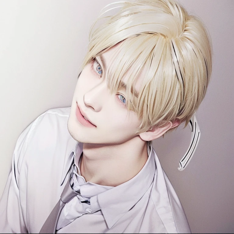 anime boy with blonde hair with glowing yellow eyes, A young man with a mole under his left eye has attractive yellow eyes, blonde hair, a charming smile, a sly personality that looks sly and enchanting, wearing a dark tie shirt with a thin face.