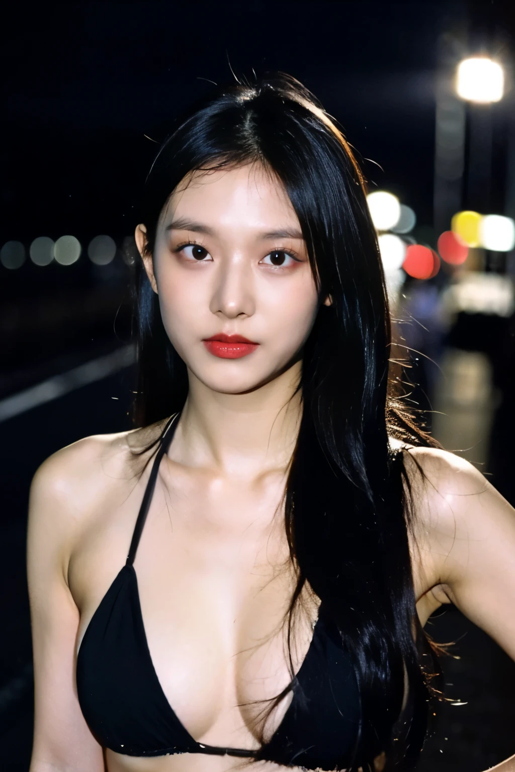 use black bikini, small breast, masterpiece, raw photo, film photo, 90s flash photo, 1girl, night scene, dark, empty road, beautiful 1girl, Big Explosion、sin front of camera, best quality, (long hair), full body, full shot, captivating. ((face with make-up. Brown lipstick)), 8k, hd