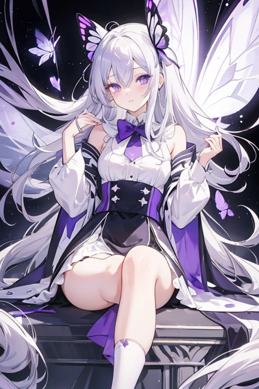 Silver Hair,crystal hair, Butterfly,Long white hair,8k wallpaper,Detailed background,Maximum resolution,Hair covers one eye,Drawstring,Chies,purple Rose,Tight Fit,High socks,stocking