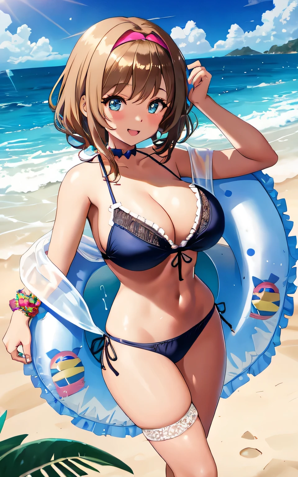 A 6 year old girl with huge breasts, wearing a lacy bikini swimming costume, on the beach, holding a man's penis in her hand, wearing a swim ring
