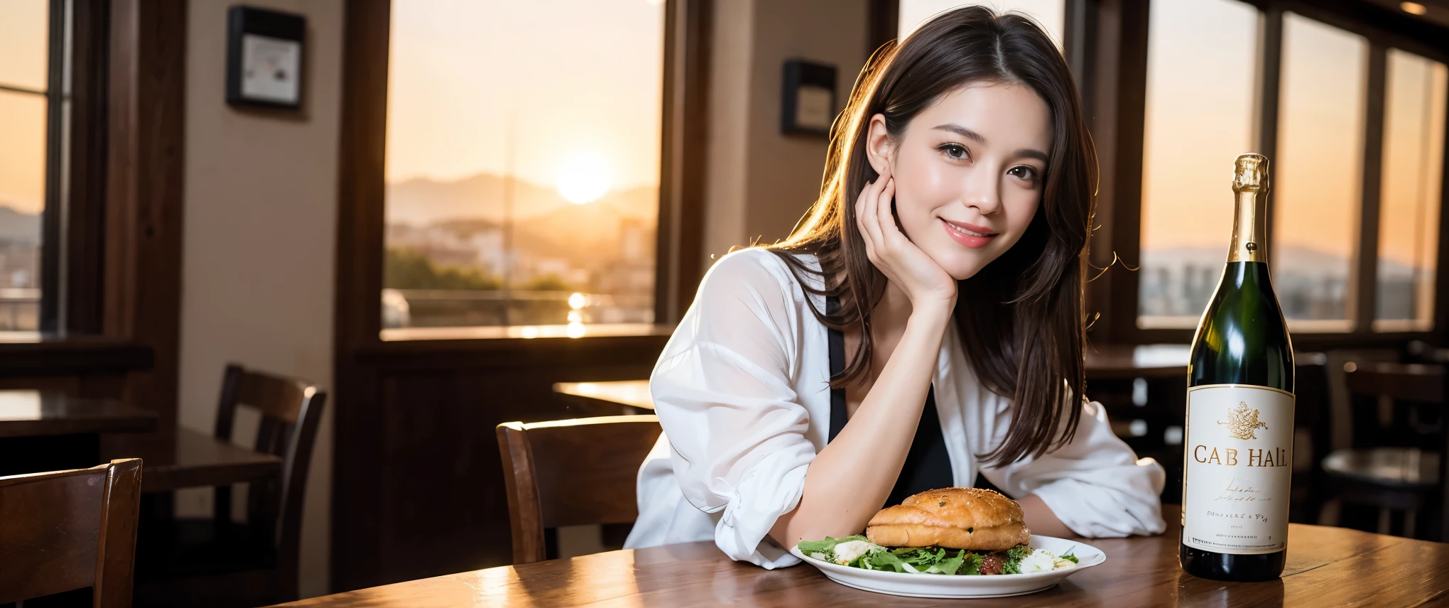 ((highest quality、8k、masterpiece:1.3))、Beautiful woman perfect body:1.4、slimなボディ、((Bob Hale、Straight hair:1.2))、 Ultra-high resolution, Bright image、2. The beauty of wine, Beautiful Face, blue eyes, Beautiful Eyes, The light shines on your face, Blushing your nose, short hair,Amazing view of the sunset sky and clouds、Amazing mountain views、ニコニコ明るいsmile、smileの素敵な女性、Bright Face、Fox face、Lady、Champagne、Wine bottle、wine glass、red wine 、Appetizers、Italian food、Two beauties、Brown Hair、Shortcuts、Long sleeve shirt、Winter Fashion、dress、Wine bottle、sparkling wine、Pretty Woman 1, (slimな顔), (Brown Hair), (Shortcuts), cheeks turn a little red, (42 years old), 39 years old, Attractive beauty、restaurant, Nova Frog Style, actress, model, Upper Body, White wine, slim, wine glass, 真ん中に置かれたwine glass, smile, (smile: 1.15), 綺麗なBeautiful Eyes, Strong light and shadow,Moist Body:1.5、Delicate eyes、Brown Hair、The hair is very shiny、