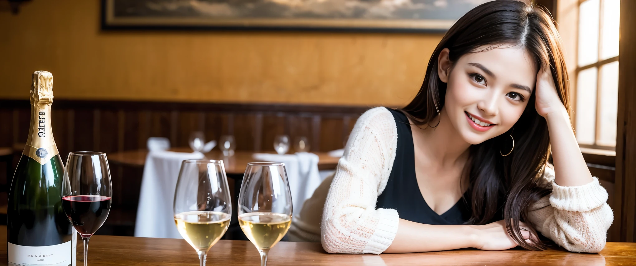 ((highest quality、8k、masterpiece:1.3))、Beautiful woman perfect body:1.4、slimなボディ、((Bob Hale、Straight hair:1.2))、 Ultra-high resolution, Bright image、2. The beauty of wine, Beautiful Face, blue eyes, Beautiful Eyes, The light shines on your face, Blushing your nose, short hair,Amazing view of the sunset sky and clouds、Amazing mountain views、ニコニコ明るいsmile、smileの素敵な女性、Bright Face、Fox face、Lady、Champagne、Wine bottle、wine glass、red wine 、Appetizers、Italian food、Two beauties、Brown Hair、Shortcuts、Long sleeve shirt、Winter Fashion、dress、Wine bottle、sparkling wine、Pretty Woman 1, (slimな顔), (Brown Hair), (Shortcuts), cheeks turn a little red, (42 years old), 39 years old, Attractive beauty、restaurant, Nova Frog Style, actress, model, Upper Body, White wine, slim, wine glass, 真ん中に置かれたwine glass, smile, (smile: 1.15), 綺麗なBeautiful Eyes, Strong light and shadow,Moist Body:1.5、Delicate eyes、Brown Hair、The hair is very shiny、