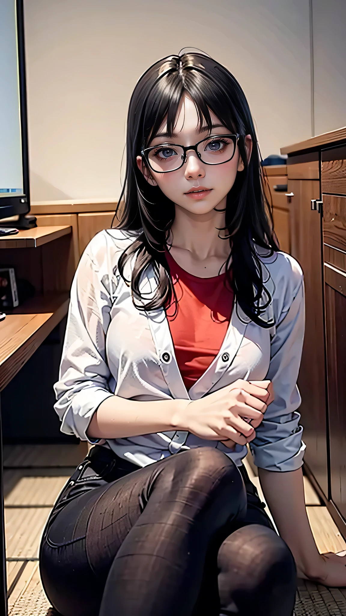 There is a woman sitting cross-legged on the floor.., Wearing glasses, Wearing glasses on, Japanese Model, Wearing glassesいた, a Surreal , Wearing square glasses, Without glasses, A real young gravure idol, Geeky look, Wearing glassesいる, Young Sensual Gravure Idol, Surreal , Yoshitomo Nara