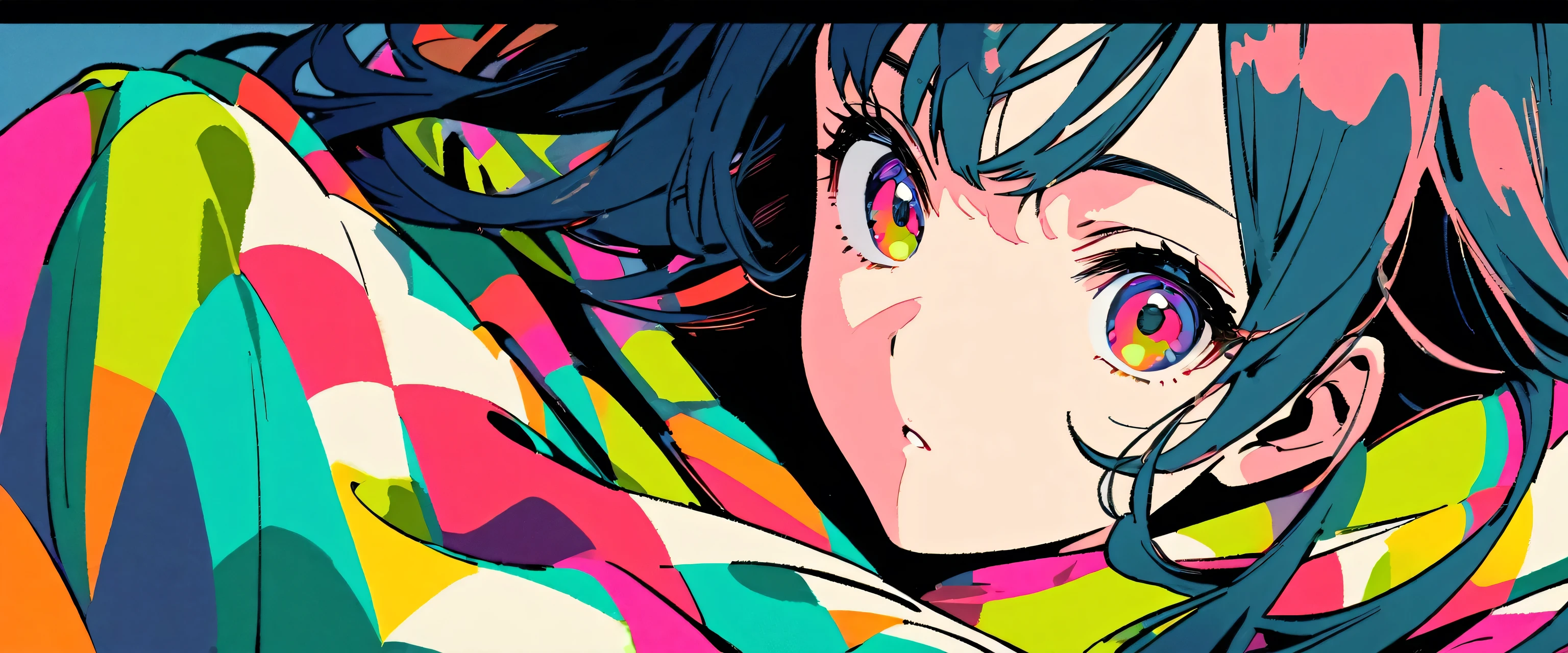 closeup professional photograph of a young woman wrapped in a colorful warm quilt, cel shading, bold outlines, flat colors, sharp shadows, graphic style, (manga influence:1.3), clean linework, striking visuals,comic