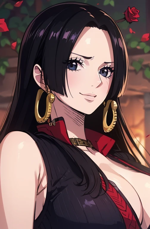 best quality, masterpiece, highly detailed,1girl, ((rose)), (vine), cage, bandage, red rope, (detail light), falling rose petals, Boa Hancock, (masterpiece:1.5), Detailed Photo, Smiling, Sexy, (8K, Photorealistic, Best Quality: 1.4), (1girl), Beautiful Face, (anime realistic Face), (Black Hair, long Hair: 1.3), Beautiful Hairstyle, Realistic eyes, beautiful detail eyes, (realistic skin), beautiful skin, (sweater), absurd, attractive, ultra high resolution, ultra realistic, high definition, golden ratio, (sexually aroused:1.5)