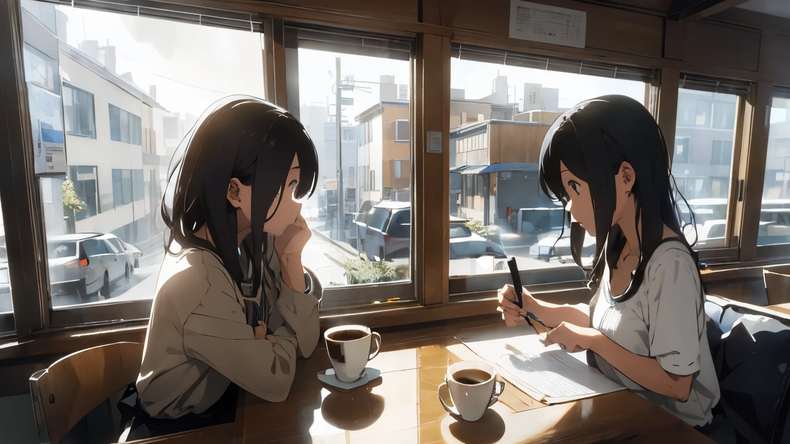 ((best quality)), ((masterpiece)), (detailed),
By the window of the café。
A view of the evening sky with the rain falling softly outside. By the window of the café。
Warm lighting and muted colors。
The streetlights are reflected beautifully in the windows.。
A woman is sitting indoors working with a ballpoint pen in one hand。
Relaxed atmosphere。
On the table、Computer and notebook、There is a mug of coffee on the table。