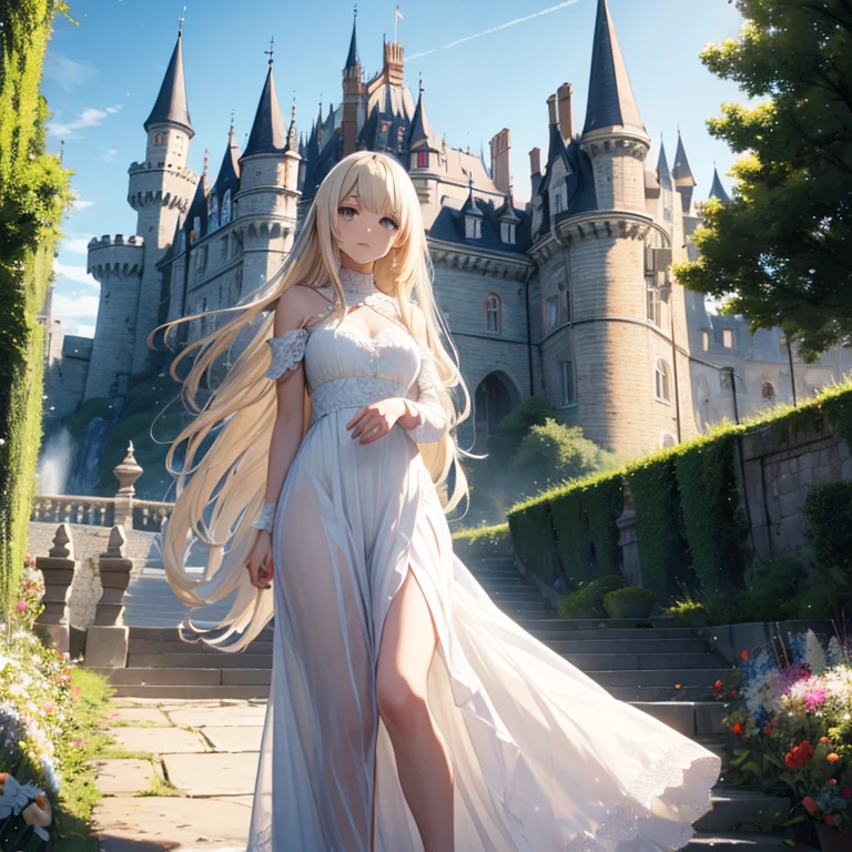 In front of the castle White Dress Long dress Lace dress Blonde Girl Long Hair