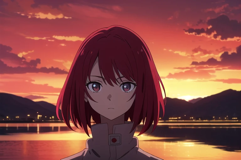 olhos vermelhos brilhante, cabelo curto, cabelo preto, alone, Red Sky, Jaqueta preta e vermelha