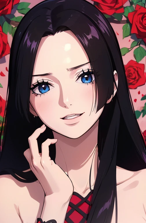 best quality, masterpiece, highly detailed,1girl,  ((rose)), (vine), cage, bandage, red rope, (detail light), falling rose petals, Boa Hancock, (masterpiece:1.5), Detailed Photo, Smiling, Sexy, (8K, Photorealistic, Best Quality: 1.4), (1girl), Beautiful Face, (anime realistic Face), (Black Hair, long Hair: 1.3), Beautiful Hairstyle, Realistic eyes, beautiful detail eyes, (realistic skin), beautiful skin, (sweater), absurd, attractive, ultra high resolution, ultra realistic, high definition, golden ratio, (sexually aroused:1.5), whimm