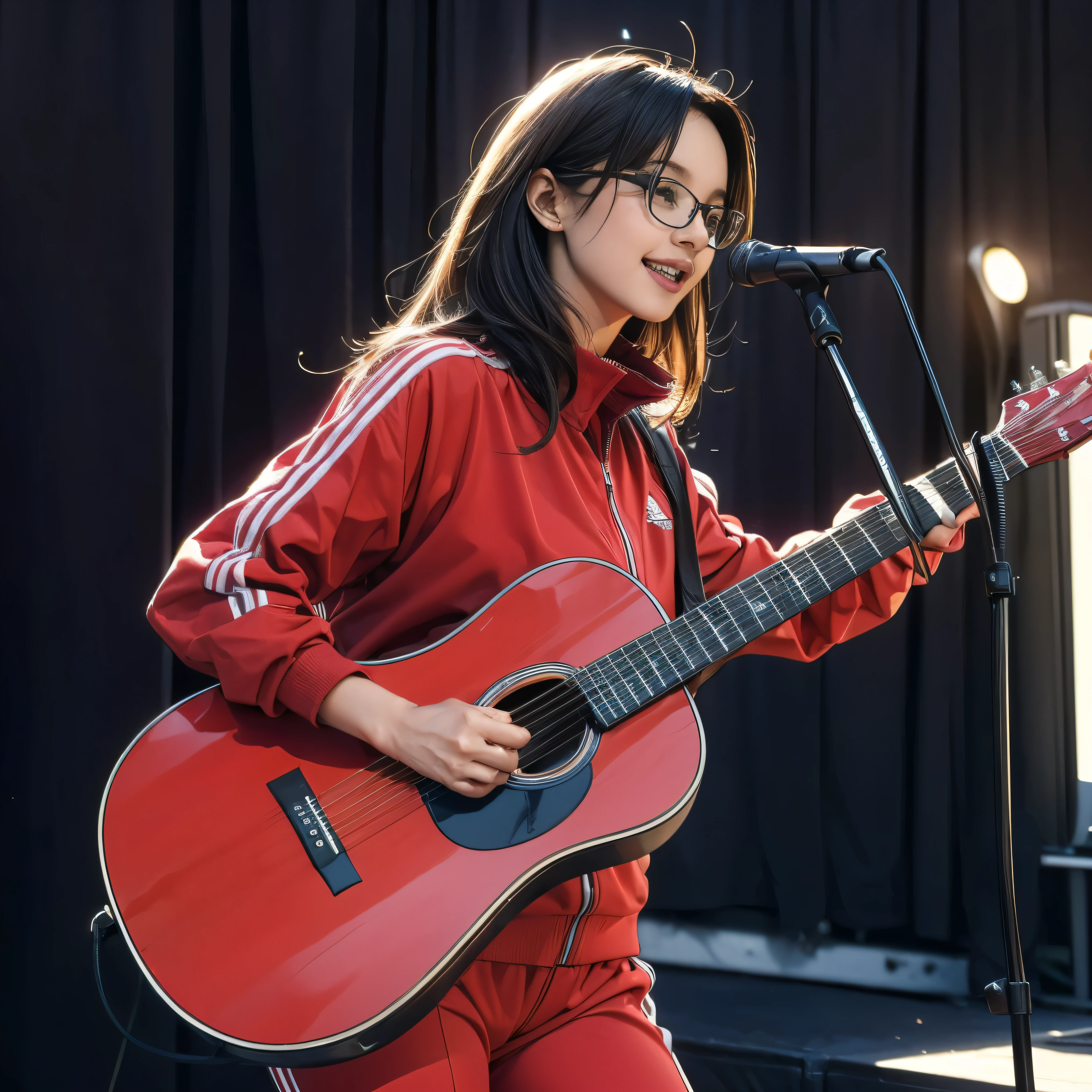 (best quality,4k,8k,highres,masterpiece:1.2),ultra-detailed,(realistic,photorealistic,photo-realistic:1.37),portraits,comedian,smiling,talking,stand-up microphone,2girls wearing completely different outfits:1.4,(1girl wearing a red tracksuit:1.37,chicken imitating dance),(another girl wearing a blue tracksuit:1.37,black-rimmed glasses, playing acoustic guitar),(both standing on a small stage)