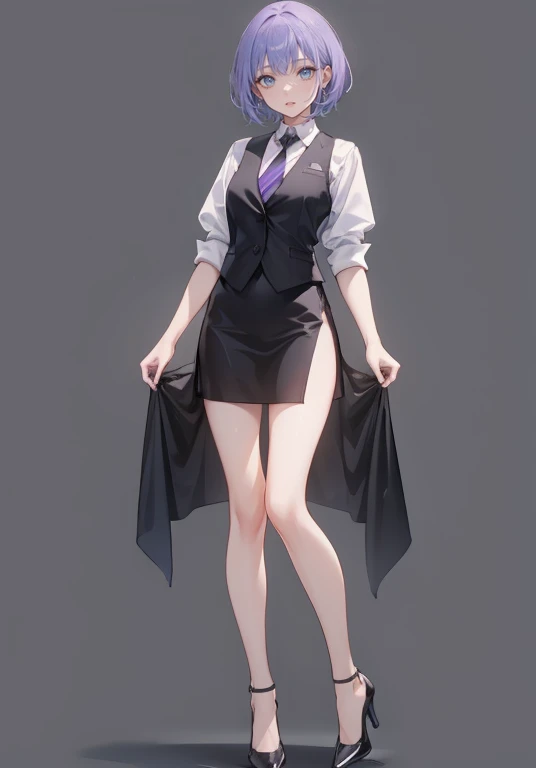 ((Perfect Face)),Purple Hair,Very short hair,1 female,,Black vest,Roll up your sleevesＹshirt,tie,slit,High heels,,((Simple Background)),smile,((Full Body)),((full body)),