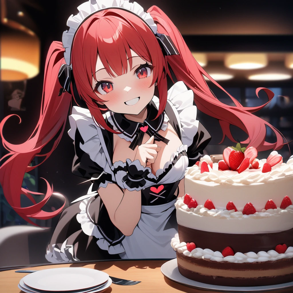 High quality, high definition, hig
h precision images,8k 1 girl Robot Girl、red hair,Twin tails,Red eyes.(robot style red and white barrette)、colorful maid Cafe, White and red luxurious frilled maid outfit,A cute cake on the table、Cake in front of you, (heart mark with both finger), smile